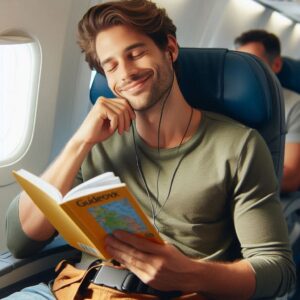 A traveler reading a guidebook on a flight, with a content expression, showing realistic expectations.