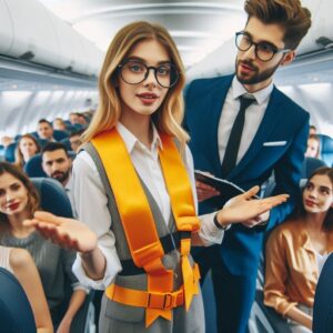 A flight attendant demonstrating safety procedures to passengers on a budget airline