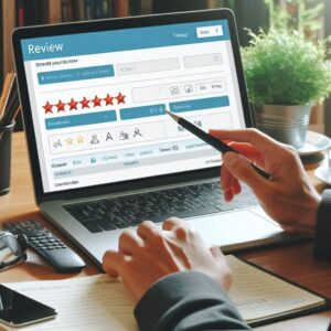 A person leaving a review on a travel website, with a rating system visible on the screen